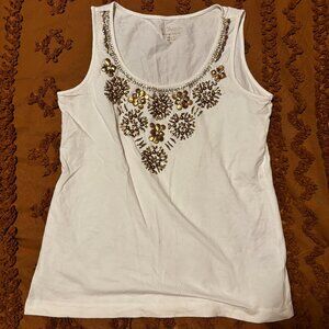 White racerback tank top with copper bronze detail